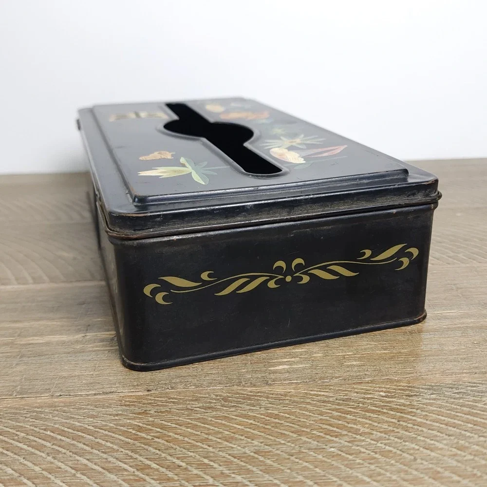 Vintage Decorative Tissue Box Cover Metal Tole Ware Hand Painted Floral Hanging